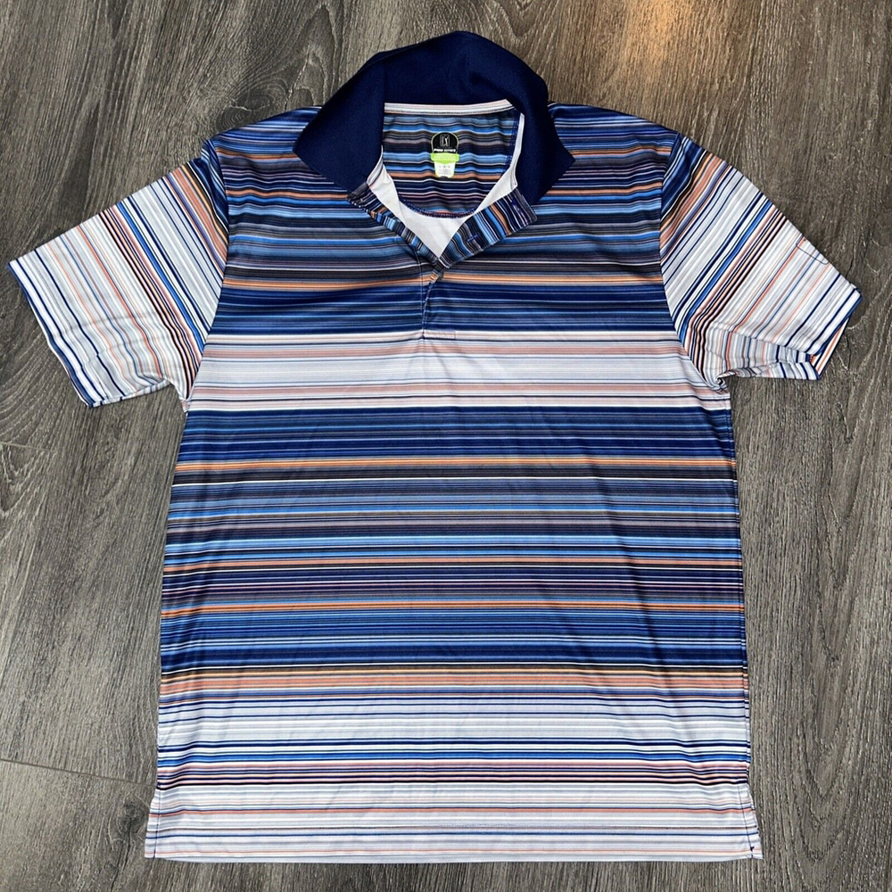 PGA Tour Men’s Large Pro Series Golf Polo Shirt Blue Striped Short Sleeve